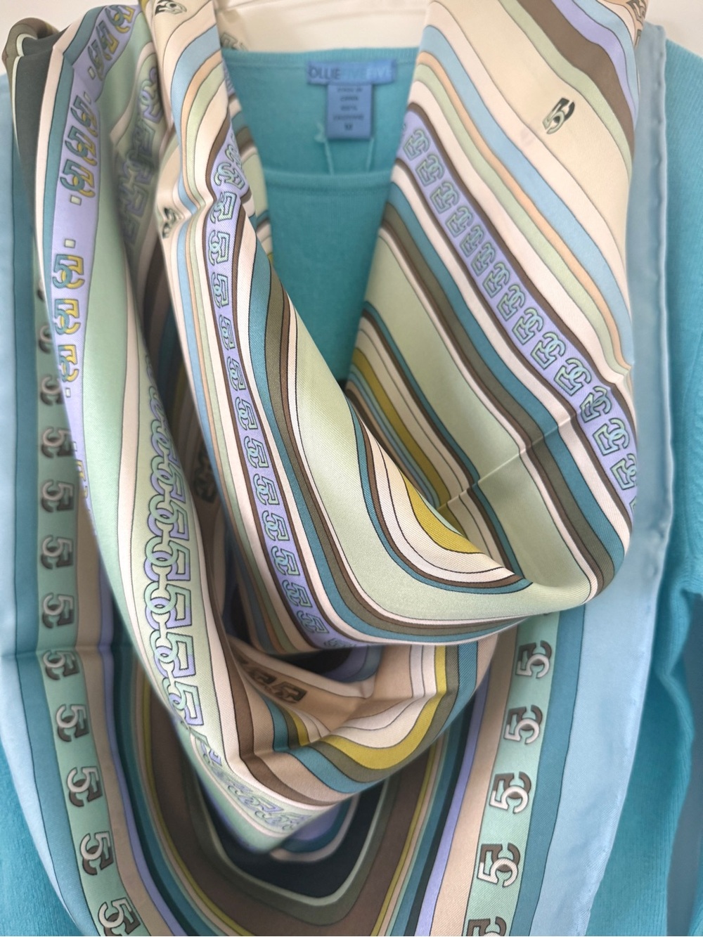 OllieFiveFive 100% Silk Scarf Shawl 42” Blue Green Geometric Hand Rolled NWOT